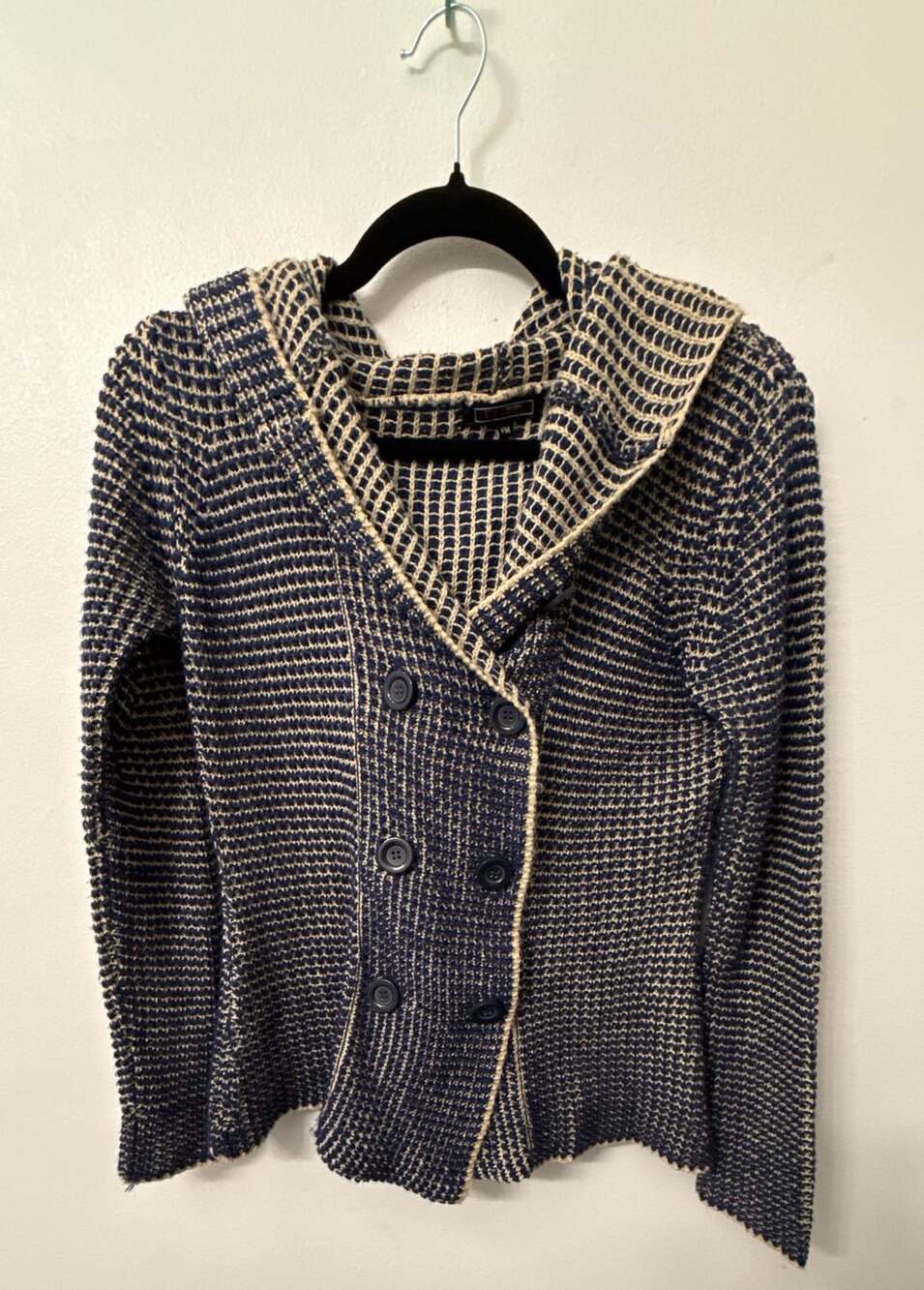 Effeci Creazioni Blue and Cream Waffle Hooded Cardigan Sweater Size PM